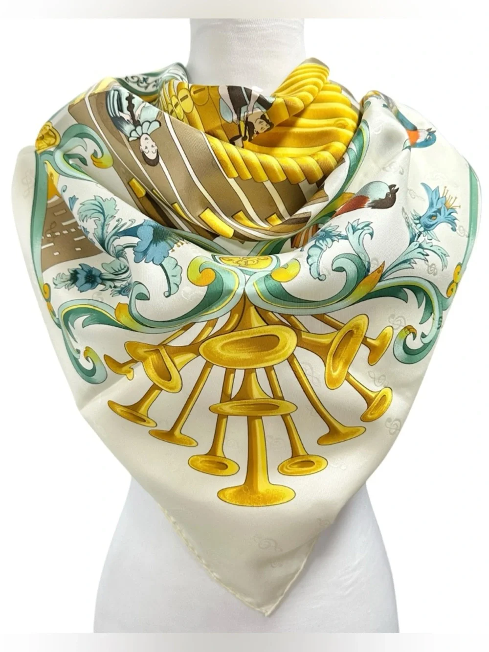 Hermes 100% Silk “Orgauphone” White Gold Green & Blue 90x90cm Large Square Scarf - Picture 3 of 12